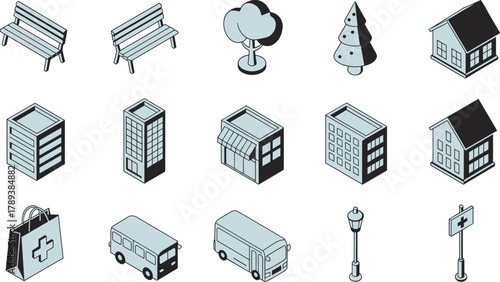 Set of isometric cityscape icons with buildings, trees, benches, buses, streetlights, and urban elements in minimalist vector design