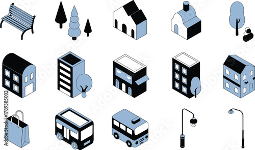 Set of isometric cityscape icons with buildings, trees, benches, buses, streetlights, and urban elements in minimalist vector design