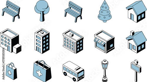 Set of isometric cityscape icons with buildings, trees, benches, buses, streetlights, and urban elements in minimalist vector design