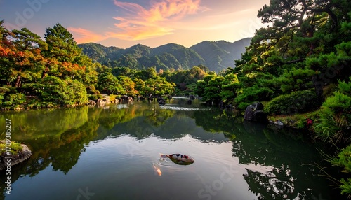 Scenic Japanese Garden with Pond, Lush Greenery, and Distant Mountains.