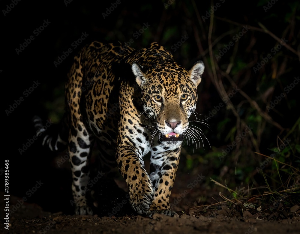 Obraz premium A big cat with spots emerges from dark foliage