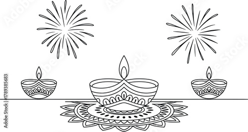 Black and white line art of Diwali lamps and fireworks