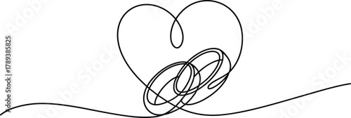 Black continuous line drawing of a heart shape love