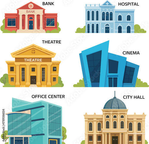 Set of modern public and commercial building illustrations, including bank, hospital, theatre, cinema, office center, and city hall
