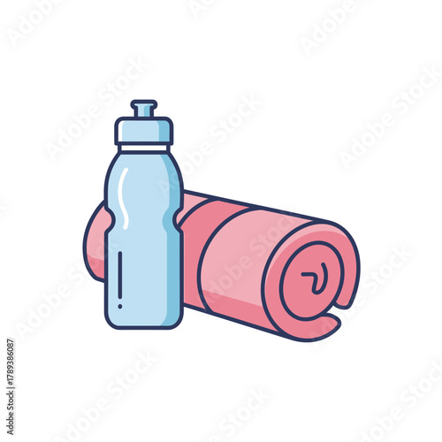 Fitness water bottle and rolled yoga mat isolated on white background