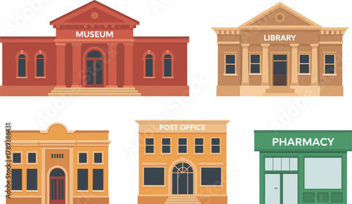 Set of public service building illustrations, including museum, library, post office, pharmacy, government architecture, civic institutions, and city landmarks