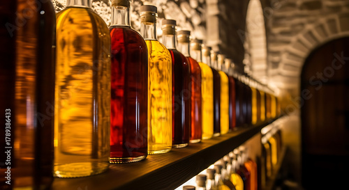 Row of aged spirits in glass bottles in a cellar