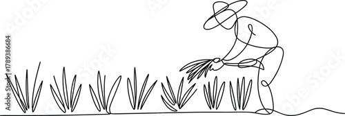 Farmer in hat harvesting crops in a field single line drawing