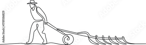 Farmer with plow single line drawing agriculture farming