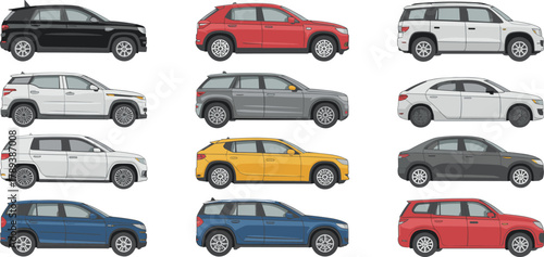 Set of twelve modern car side view illustrations in various colors showing SUV, sedan, and crossover vehicle design collection