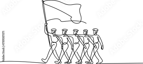 Five figures marching with a flag in continuous line art