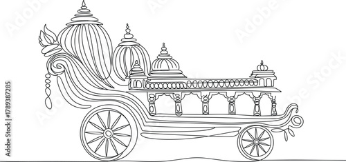 Indian chariot with ornate domes and wheels line art