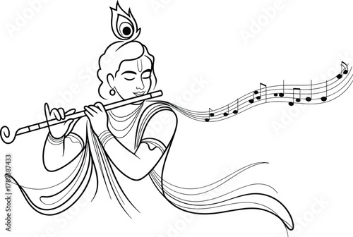 krishna playing flute, black and white clip art preview