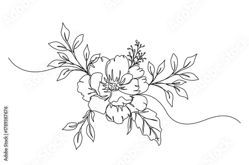 Trendy floral peony bouquets and flowers in continuous one line drawing. Single line art illustration of Peony Line Art. Editable vector.