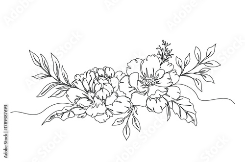 Trendy floral peony bouquets and flowers in continuous one line drawing. Single line art illustration of Peony Line Art. Editable vector.