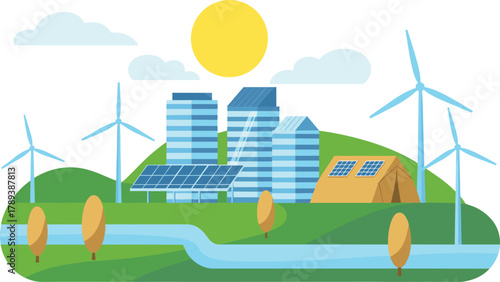 Sustainable eco city illustration with solar panels, wind turbines, green buildings, renewable energy landscape, clean environment, modern future urban design