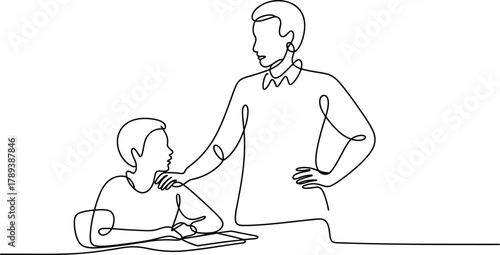 Man placing hand on boy's shoulder at desk one line drawing