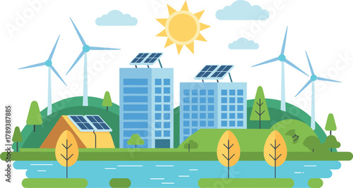 Sustainable eco city illustration with solar panels, wind turbines, green buildings, renewable energy landscape, clean environment, modern future urban design