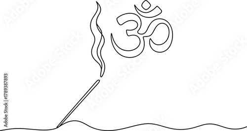 Om symbol with burning incense stick line art smoke