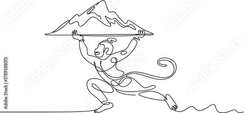 One line drawing of a monkey carrying a mountain lifting