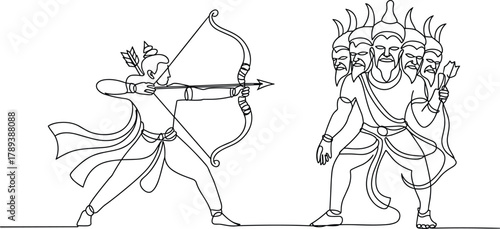 Rama aiming bow at Ravana one line drawing arrow mythology