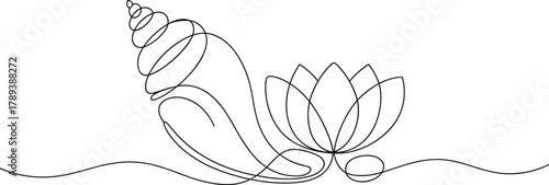Single line drawing of a conch shell and lotus flower