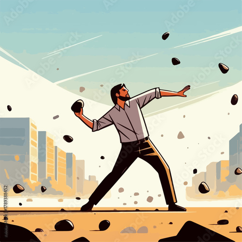 Cartoon illustration of a person throwing a stone