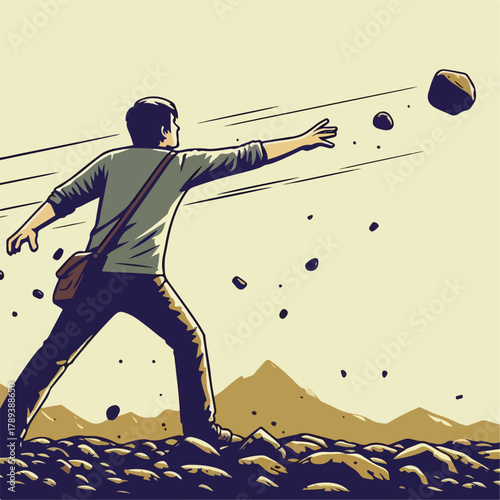 Cartoon illustration of a person throwing a stone