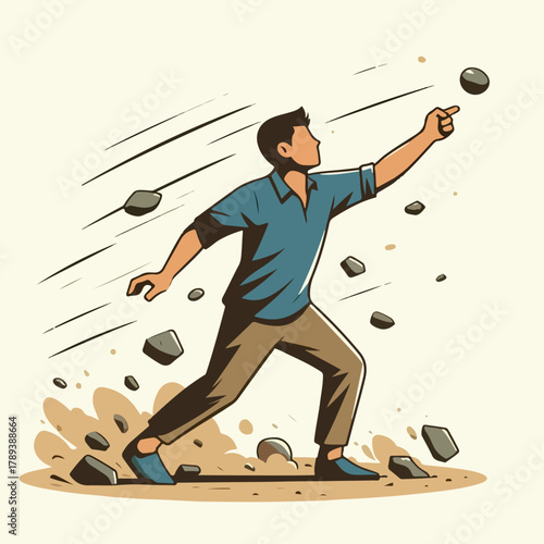 Cartoon illustration of a person throwing a stone