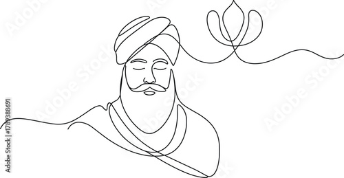 Single line drawing of Guru Nanak Dev Ji with Khanda symbol