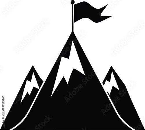 Mountain peak with flag black white vector illustration isolated on transparent