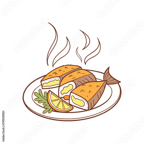 Fish and chips with sauce engraving vector illustration