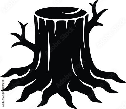 Rough textured tree stump with roots isolated on transparent background