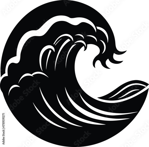 Minimalist ocean wave icon in round shape vector illustration for summer concept