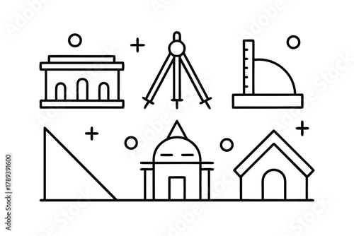 Architectural Icons Set Including Buildings and Drafting Tools Keywords: building, architecture, icon, outline, symbol, design, graphic