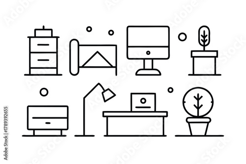 Black Line Icons of Office Furniture and Home Decor Items Keywords: office, desk, computer, monitor, lamp, filing cabinet, drawer, bed, plant