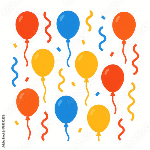 Joyful colorful balloons festive confetti create cheerful celebration atmosphere. Bright red blue yellow balloons float amidst scattered orange blue streamers. Vibrant illustration perfect