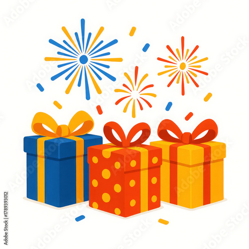 Vibrant collection of colorful gift box create festive celebration scene. exciting atmosphere bursts with joyful firework and falling confetti, perfect for any special event, symbolizing happiness