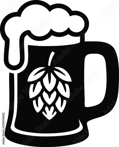Black and White Beer Stein with Hop Cone Icon, Beer Mug with Hops Graphic, Craft Beer Logo/Monogram, Monochrome Illustration of a Foaming Beer Mug Decorated with a Hop, illustration, vector