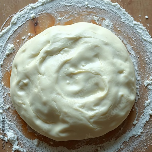 Soft, pliable dough on a floured board, ready for shaping,  clean,  raw