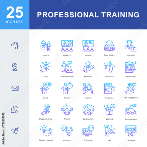 An 25 icon set illustrating professional training and skill development, including workshops, seminars, coaching, communication, e-learning, and team building activities.