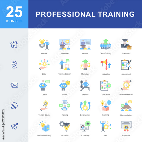 An 25 icon set illustrating professional training and skill development, including workshops, seminars, coaching, communication, e-learning, and team building activities.