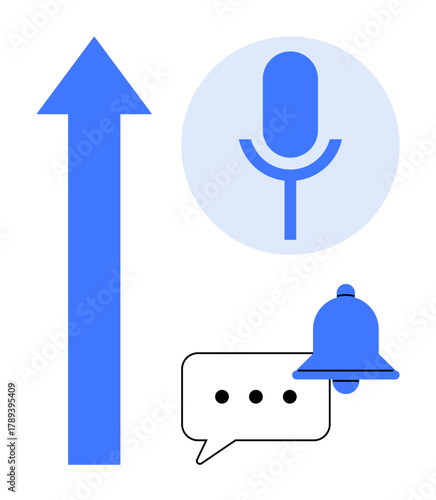 Blue upward arrow, microphone icon inside a circle, speech bubble with dots, and notification bell. Ideal for communication, growth, technology, alerts, voice recognition innovation user