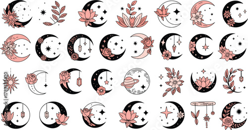 Boho celestial moon and flower illustration collection with stars crystals and planets for mystical feminine aesthetic design elements