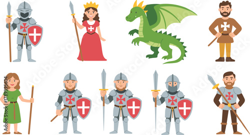 Cartoon medieval character set with knights princess dragon and warriors in armor perfect for fantasy story illustration and game design