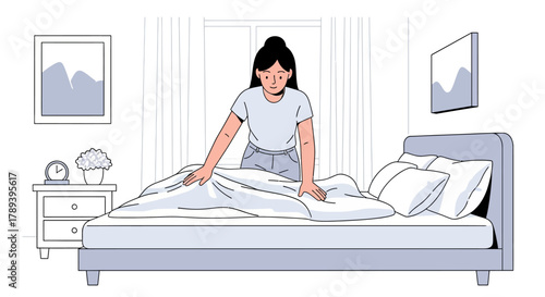 A clean and modern flat design illustration depicting a young woman diligently making her bed as part of her morning routine, emphasizing order and tidiness.