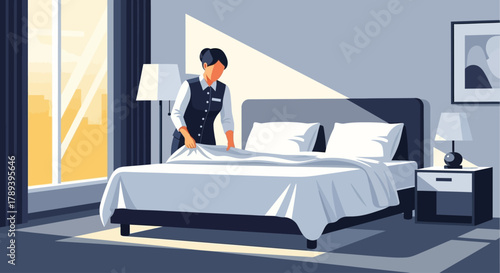 This flat design vector illustration depicts a professional hotel staff member meticulously making a bed, symbolizing excellent hospitality service and attention to detail.