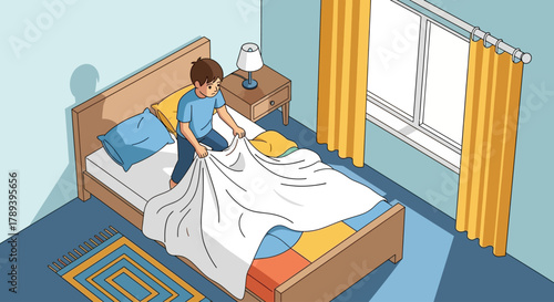 This flat design vector art shows a determined young boy learning the important life skill of making his bed, highlighting independence and responsibility.
