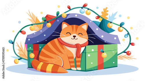 Cute Cat Curled Up Near Gift Box with Christmas Lights, Cozy Holiday Scene on White Background Vector Illustration
