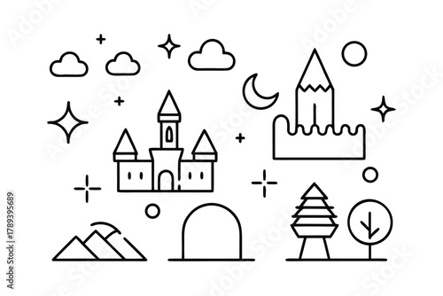 Fantasy and nature icons with castles mountains and trees Keywords: fantasy, castle, fortress, tower, mountain, peak, summit, tree, nature, cloud